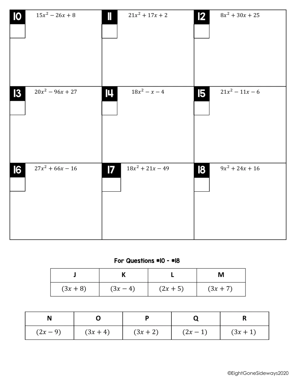 Factoring trinomials, problems 10–18: students factor expressions like 15x²−26x+8 and match a factor to letters J–R