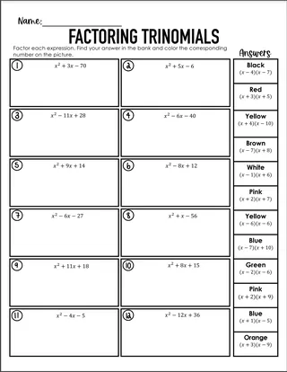 Factoring Trinomials – Color by Number Worksheet – sample page 2