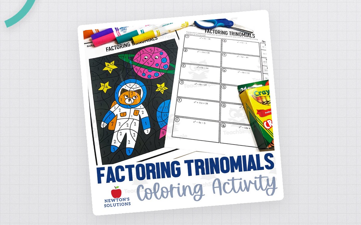 Factoring Trinomials first image with astronaut coloring art and trinomial grids