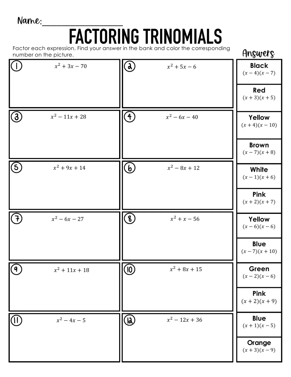 Factoring trinomials: students factor 12 quadratics such as x² + 3x − 70 and find each answer in a color bank