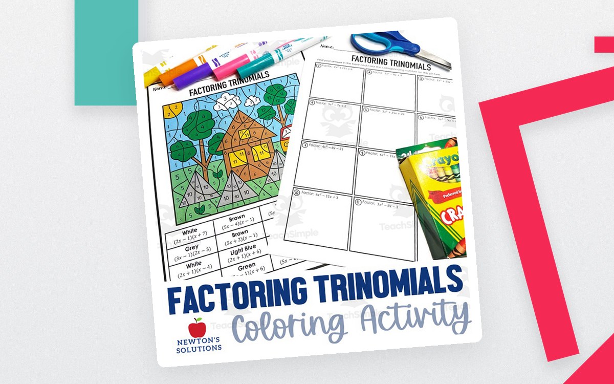 Factoring Trinomials color-by-number cover showing a tree mosaic, trinomial problems, answer bank and crayons.