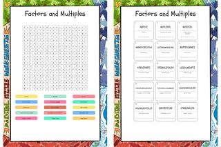 Factors and Multiples word search, scramble and crossword puzzle – cover
