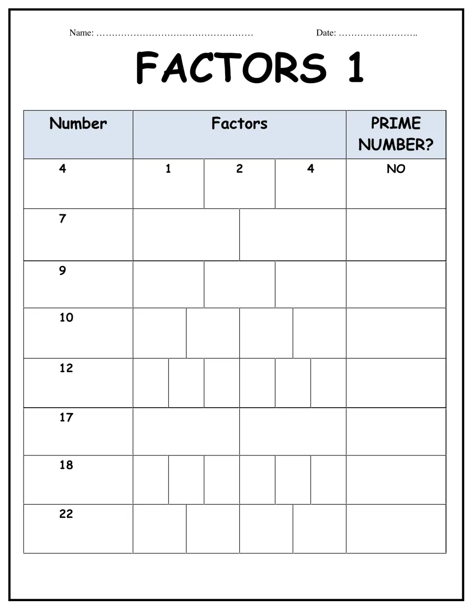 Factors 1: students list all factors of 7, 9, 10, 12, 17, 18 and 22, then decide if each is prime; 4 is modeled