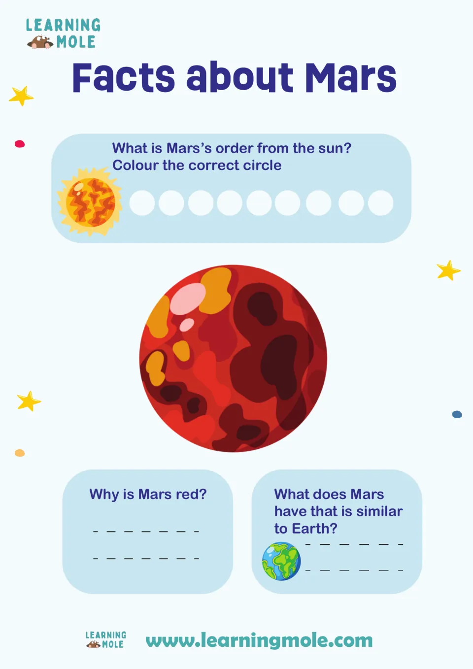 Mars facts: students colour Mars's position from the sun in 9 circles, then write why Mars is red and how it is like Earth