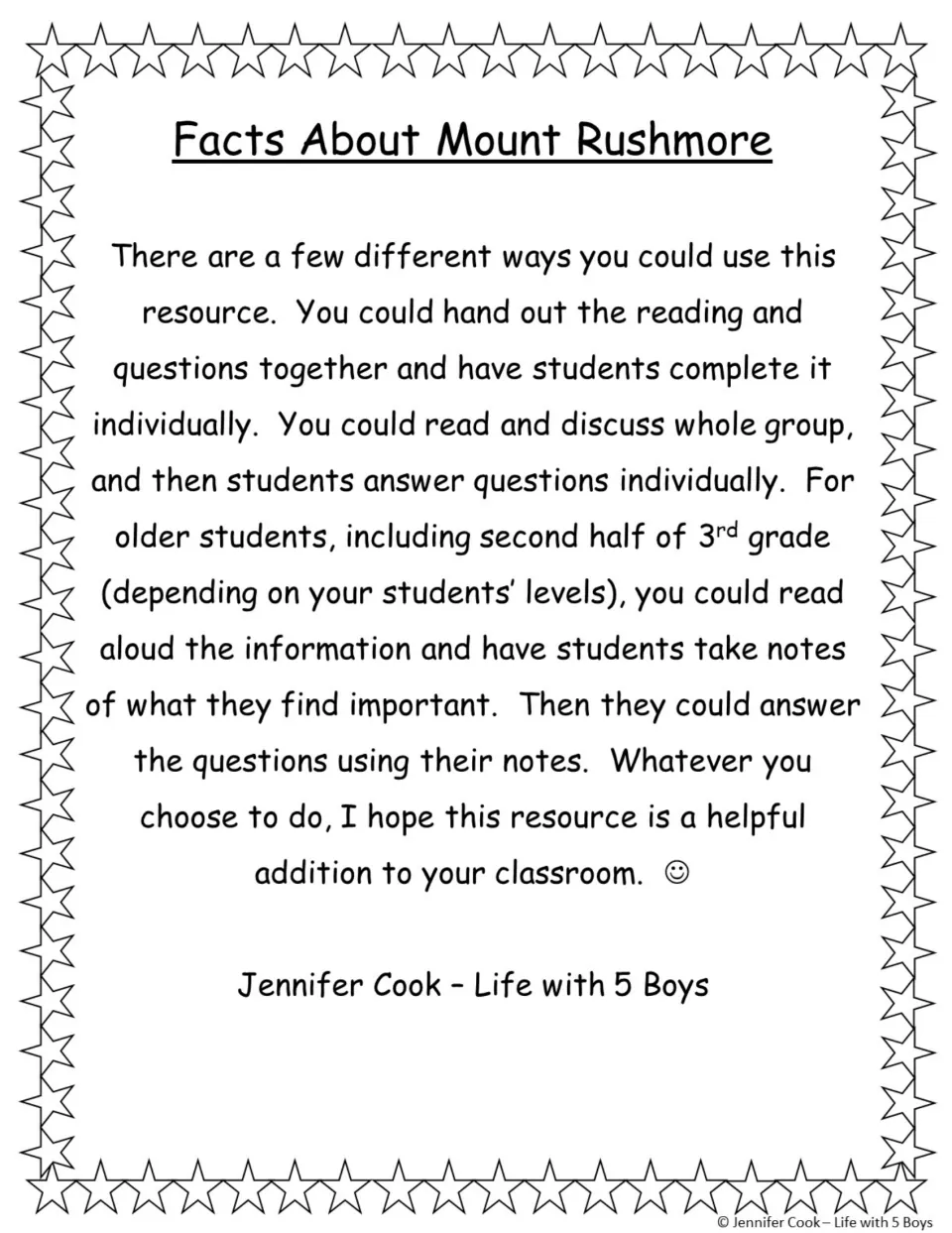 Teacher directions for using the Mount Rushmore reading independently, in whole-group discussion, or for notes
