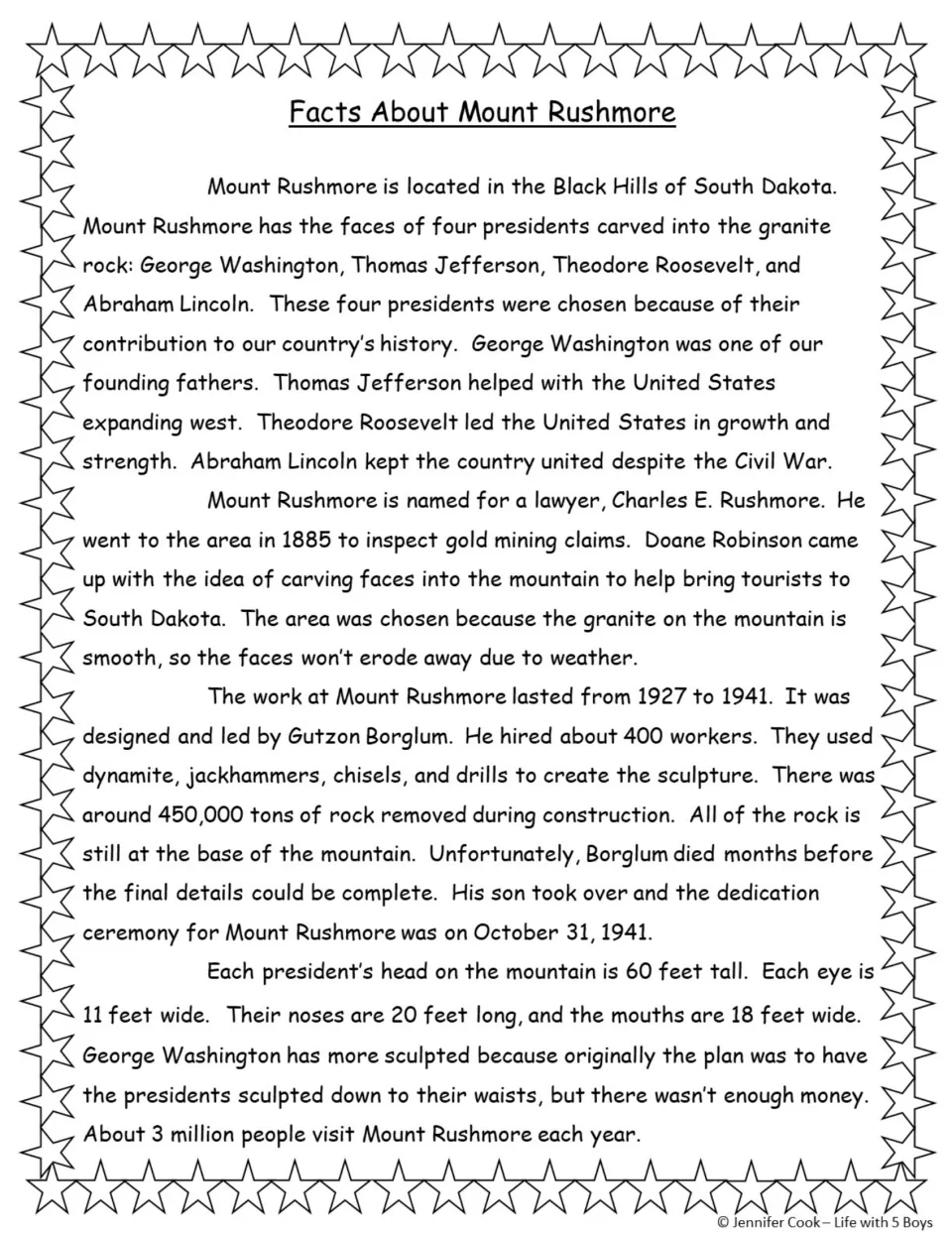 Reading passage about Mount Rushmore's location, four presidents, construction from 1927 to 1941, and size
