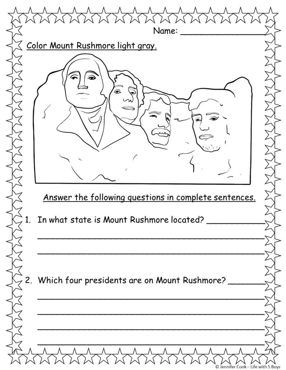 Mount Rushmore questions 1–2 ask its state and four presidents; students also color the monument light gray