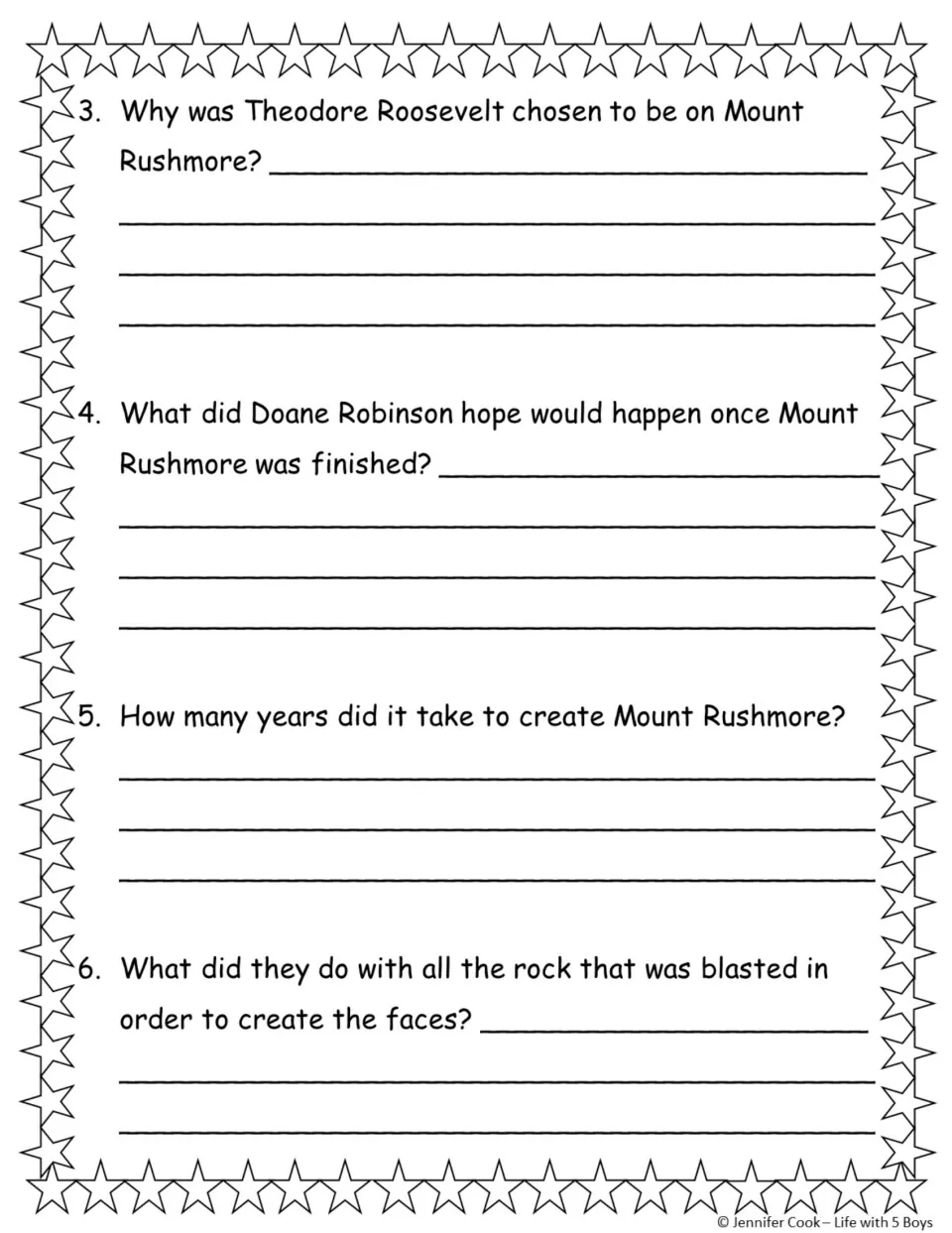 Mount Rushmore questions 3–6 cover Roosevelt's selection, Robinson's hope, construction time, and removed rock