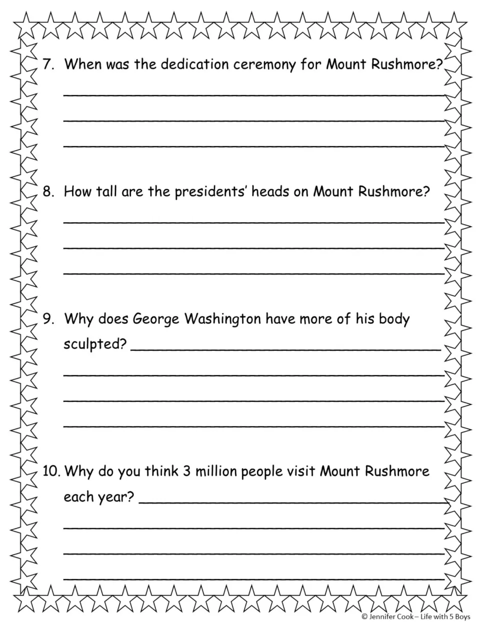 Mount Rushmore questions 7–10 ask about dedication, head height, Washington's sculpted body, and visitors