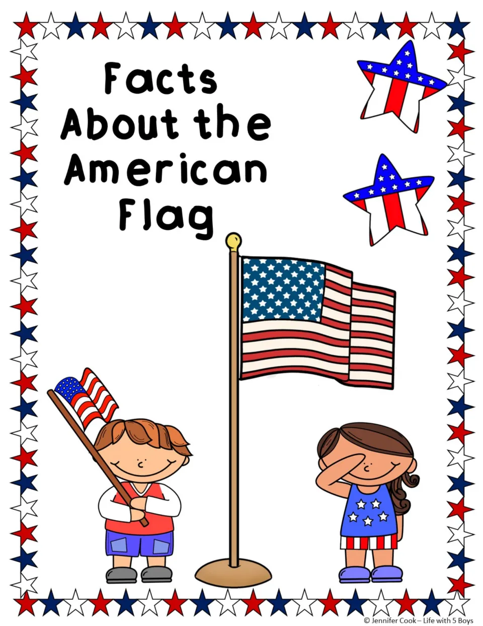 Cover: Facts About the American Flag, with a flag on a pole, a boy waving a small flag and a girl saluting