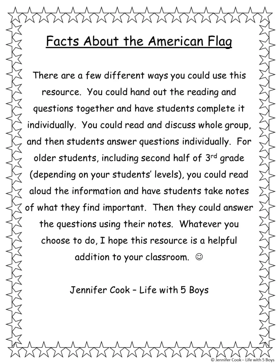 Teacher notes on using the flag reading: independent work, whole-group reading, or read-aloud with student note-taking