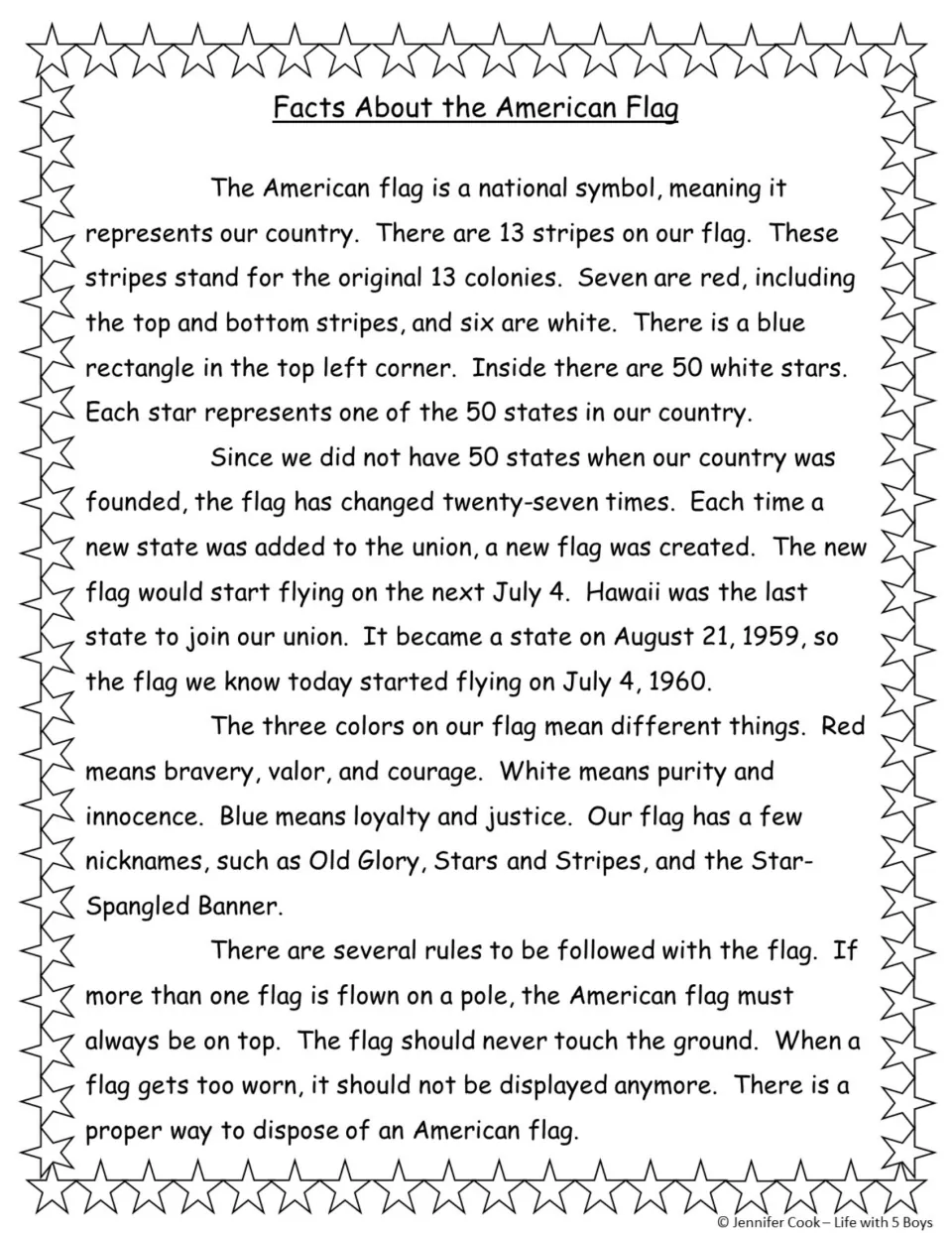 Reading passage on the flag: four paragraphs explain what its stripes, stars and colors mean and why the design changed