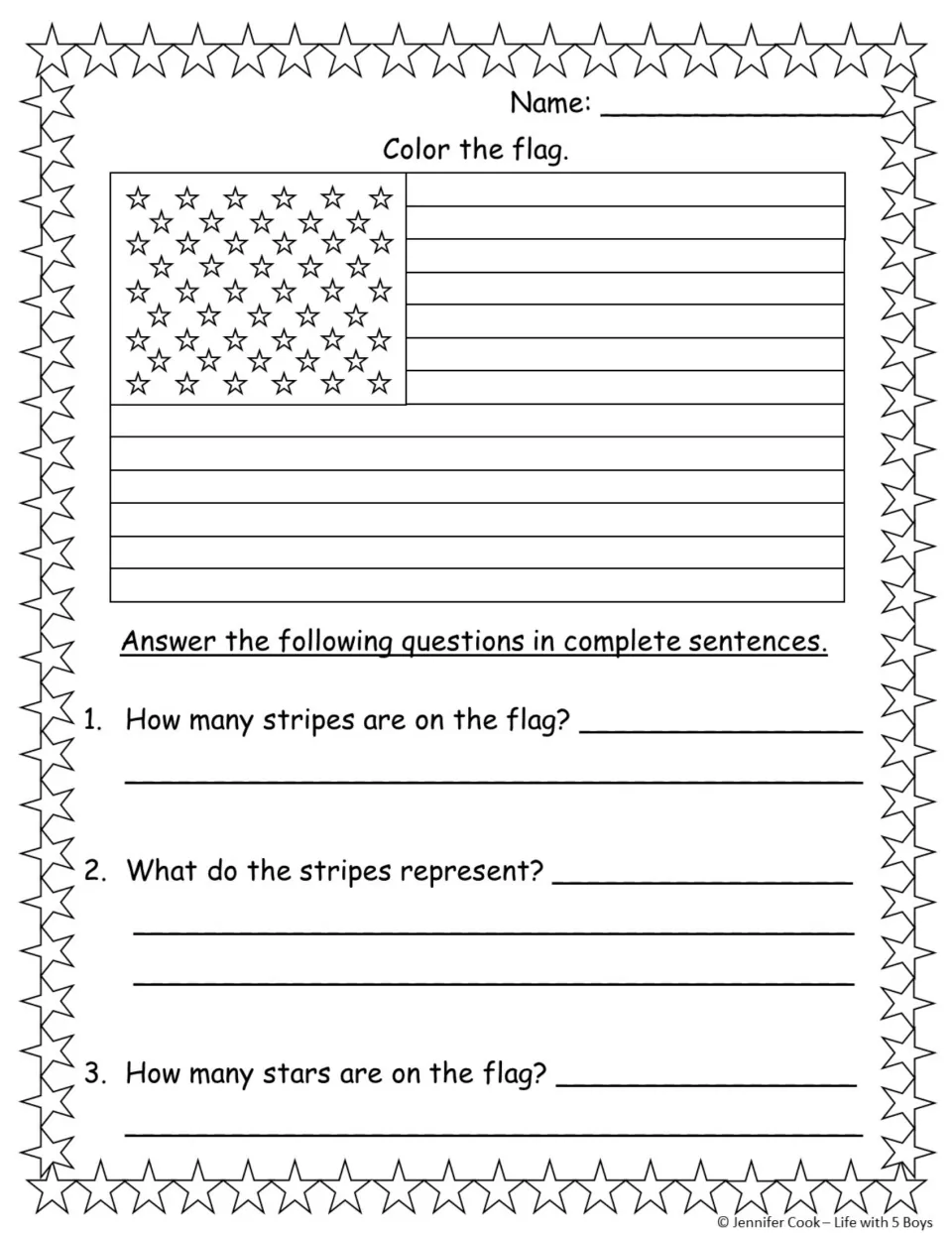 Flag reading comprehension, questions 1-3: students color the flag, then write sentences on its stripes and stars
