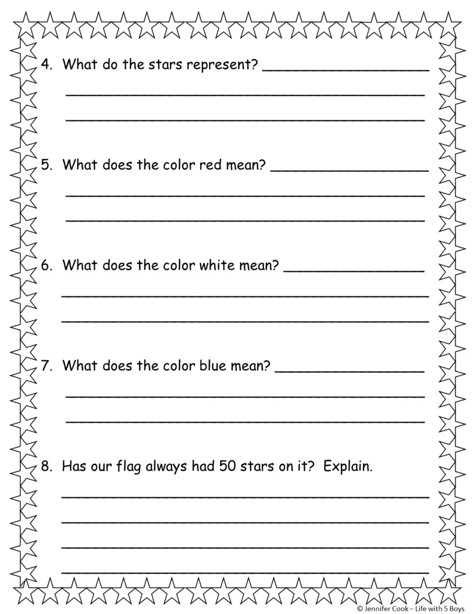 Questions 4-8 on the flag reading: what the stars and red, white and blue stand for, and why the star count changed