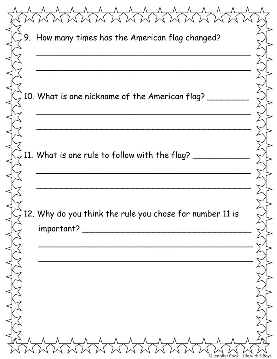 Questions 9-12 on the flag reading: times the flag changed, one nickname, one flag rule and why that rule matters