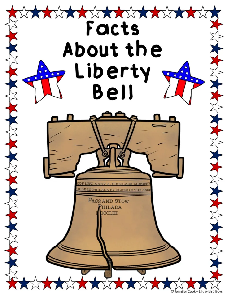 Cover for Facts About the Liberty Bell showing a large illustration of the cracked bell framed by stars