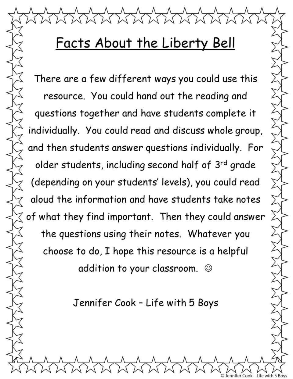 Teacher note listing ways to use the reading: independent work, whole-group discussion or read-aloud with note-taking
