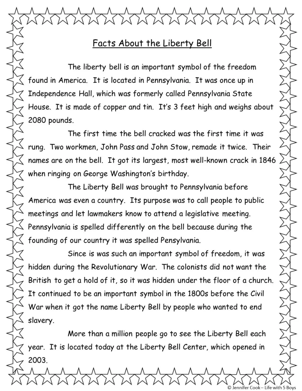 Liberty Bell reading passage on its copper and tin makeup, Pass and Stow, the 1846 crack and hiding it in the Revolution