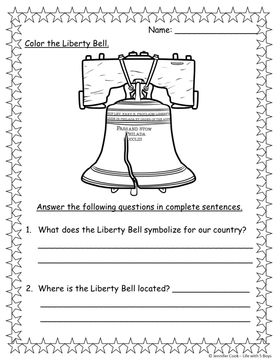 Liberty Bell questions: students color the bell, then answer in full sentences what it symbolizes and where it is located