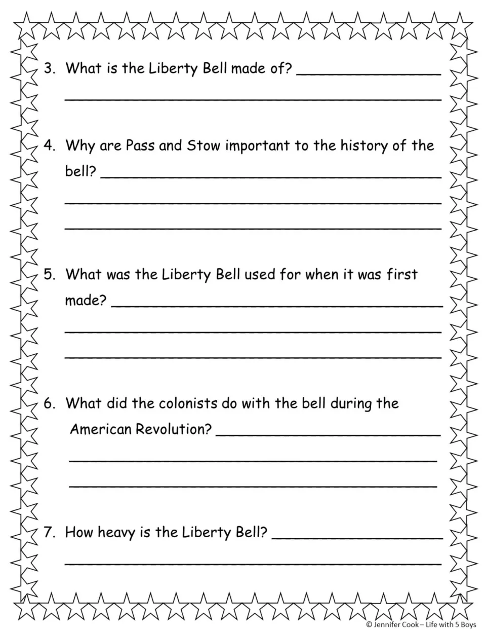 Comprehension questions 3-7: students write what the bell is made of, why Pass and Stow matter, its first use and weight