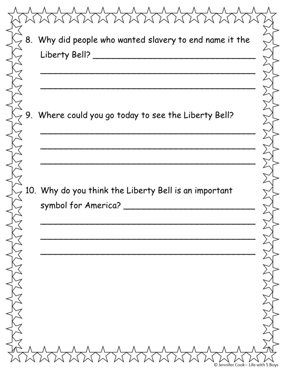 Questions 8-10: students explain the bell's name among slavery opponents, where to see it today and why it is a symbol