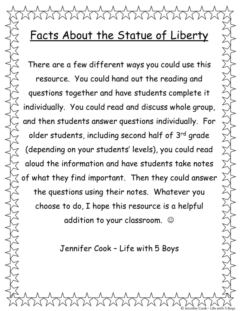 Teacher directions suggest independent reading, whole-group discussion, or read-aloud notes to answer questions.