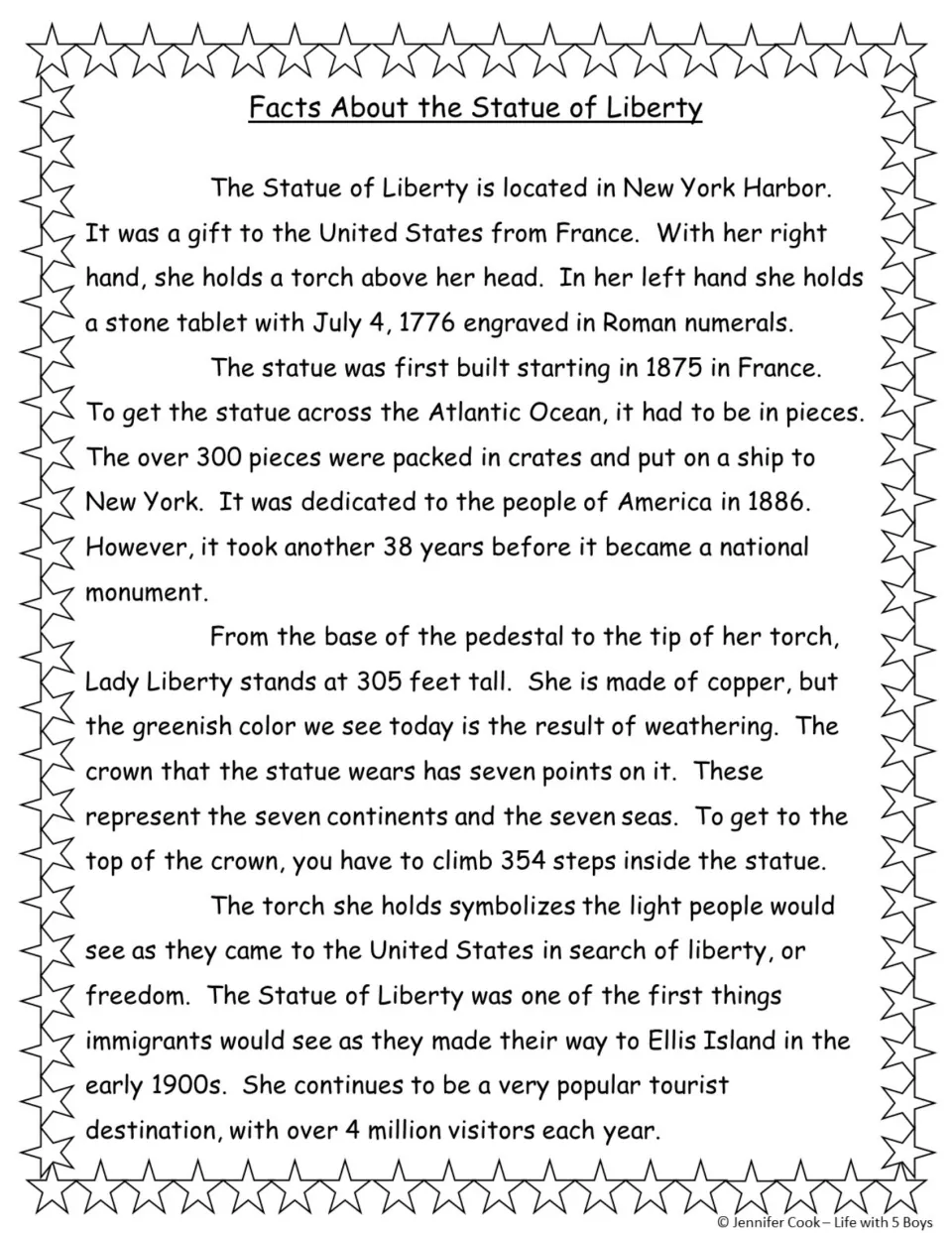 Reading passage covers the Statue of Liberty's location, gift from France, construction, and symbolism.
