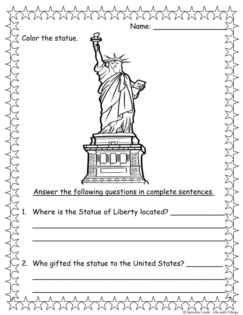 Statue of Liberty coloring task and questions 1–2 ask where the statue is located and which country gave it.