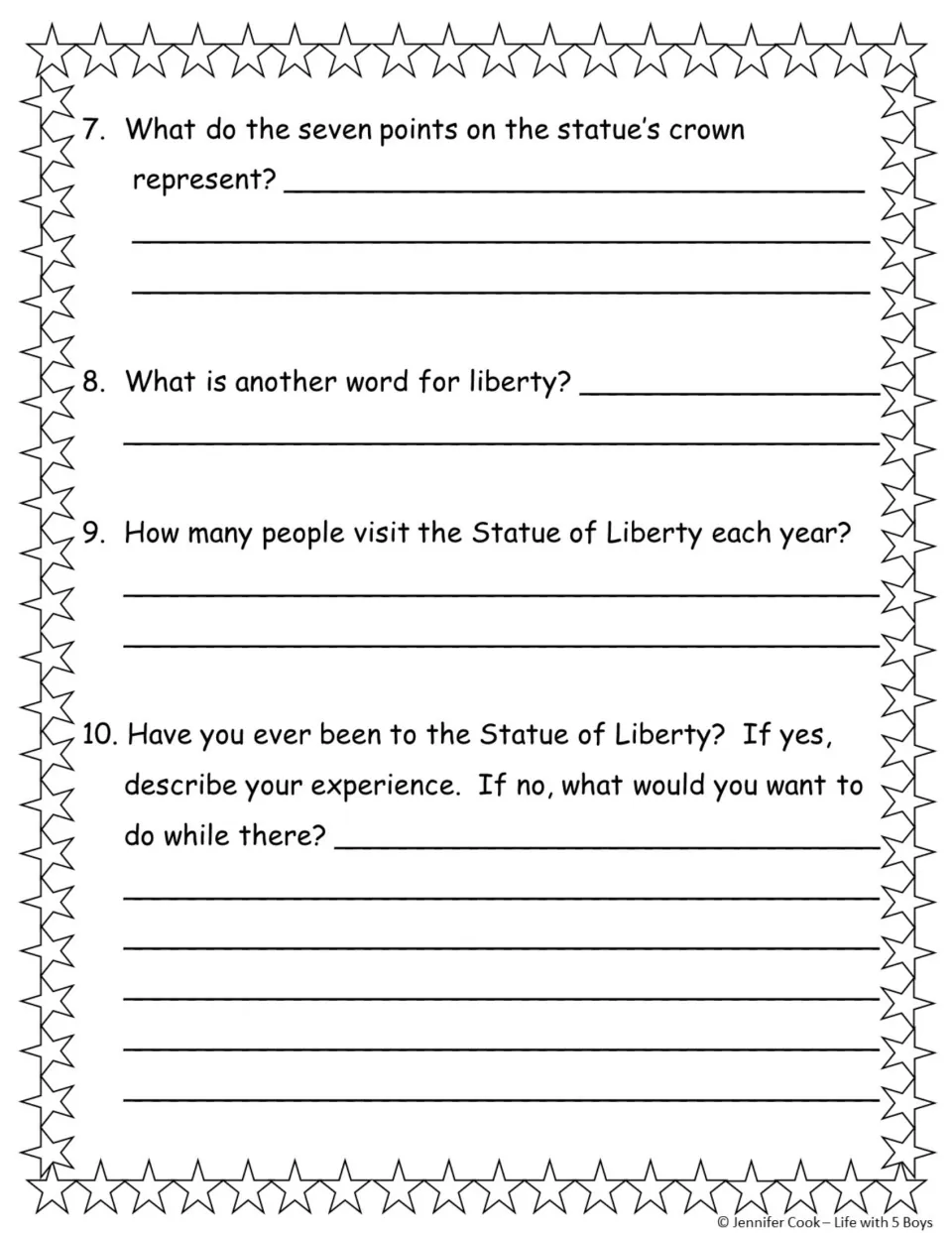Questions 7–10 ask about crown points, the meaning of liberty, annual visitors, and a real or imagined visit.
