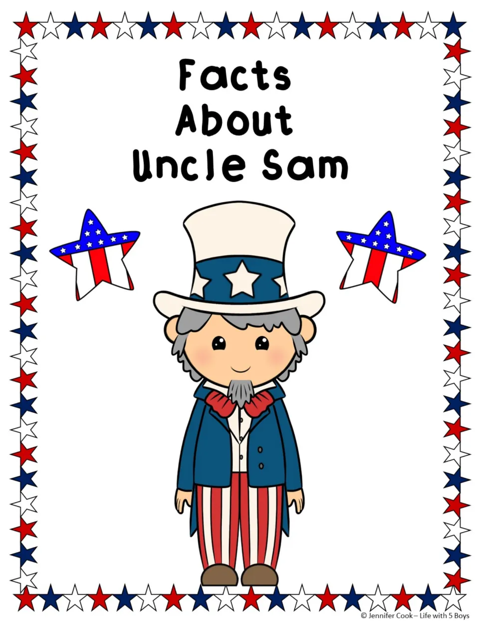 Facts About Uncle Sam cover showing a cartoon Uncle Sam in a starred top hat, blue coat and striped pants beside flag stars