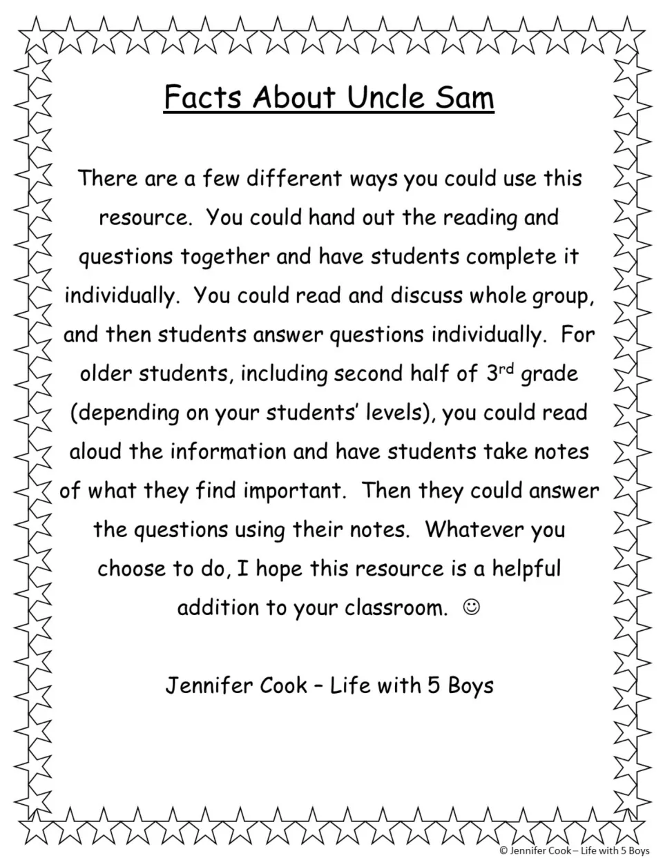 Teacher notes: ways to use the Uncle Sam reading, from independent work to whole-group reading or student note-taking