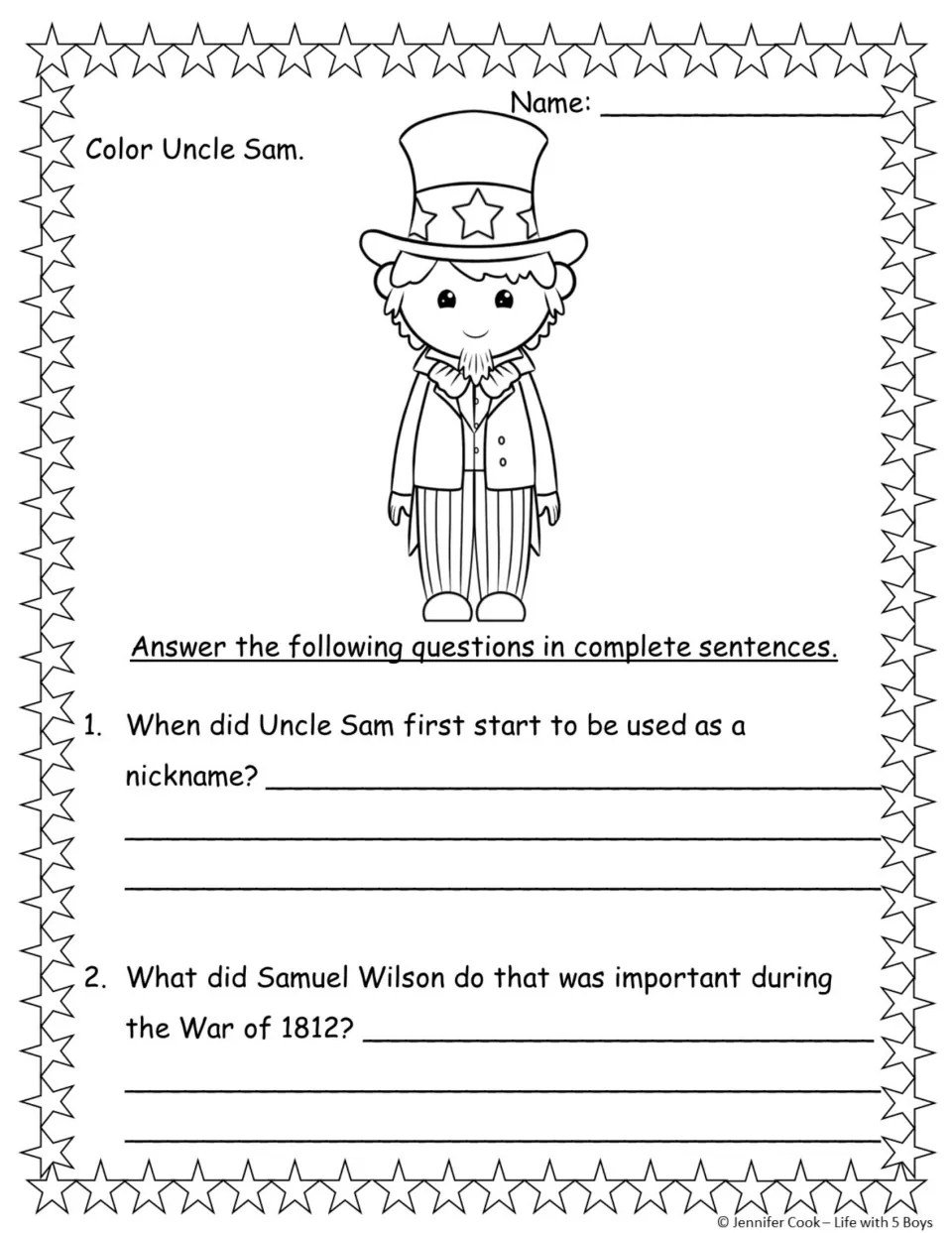 Uncle Sam comprehension questions 1-2: students color Uncle Sam and answer when the nickname began and Wilson's role