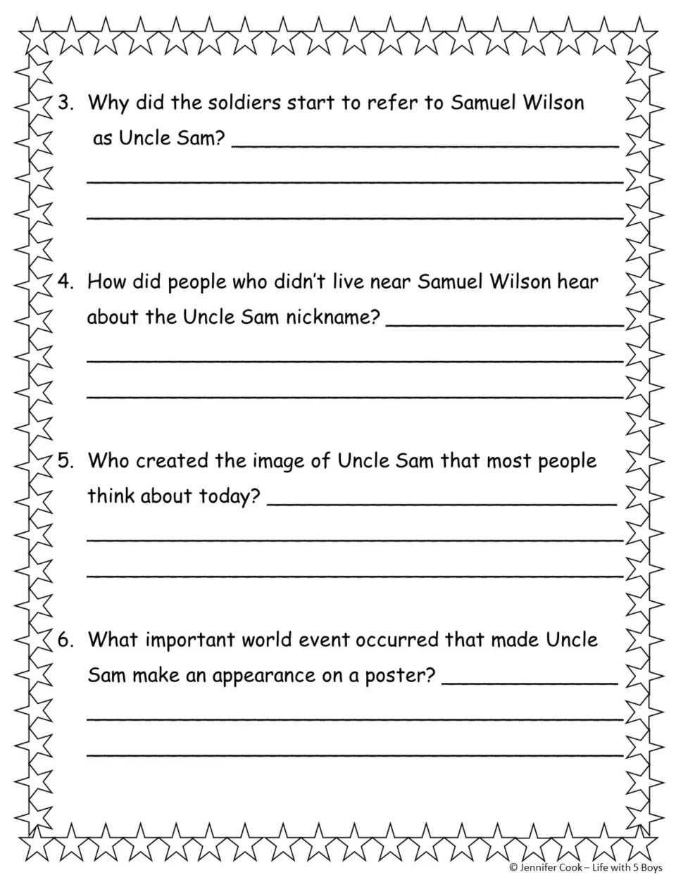 Reading comprehension questions 3-6 on why soldiers said Uncle Sam, the newspaper story, Flagg and the WWI poster