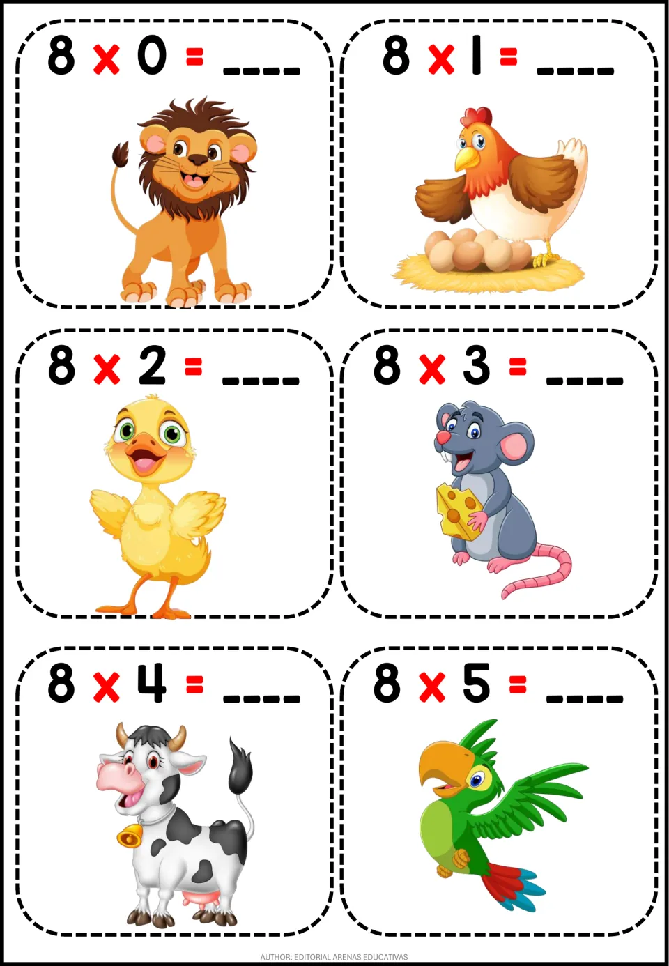 Times-8 facts 8 x 0 to 8 x 5: six cut-apart flashcards, each with a blank for the product and a cartoon animal like a lion