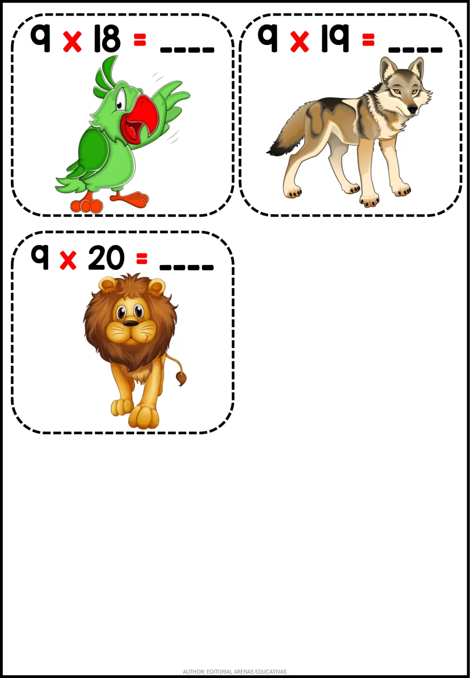 Times-9 facts 9 x 18, 9 x 19 and 9 x 20: three final cards with answer blanks, pictured with a parrot, a wolf and a lion