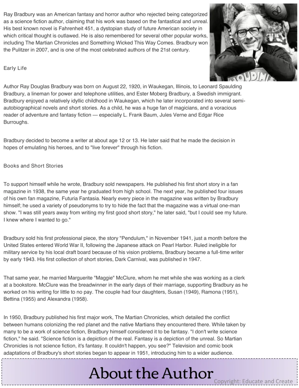 About the Author reading on Ray Bradbury: early life, fan magazines, first stories and The Martian Chronicles, with photo
