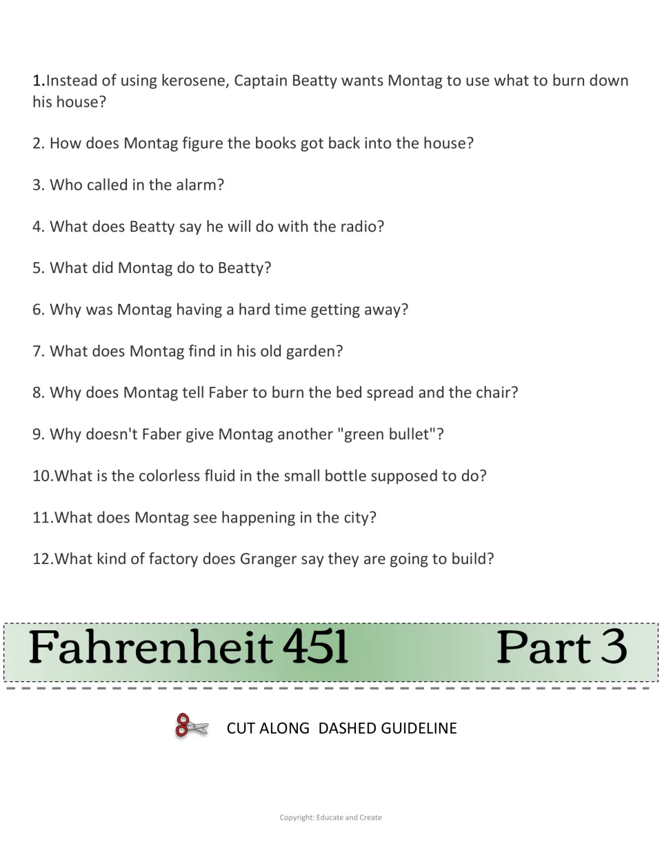 Part 3 comprehension questions: students answer 12 questions on Beatty, Montag's escape, Faber and Granger's plans