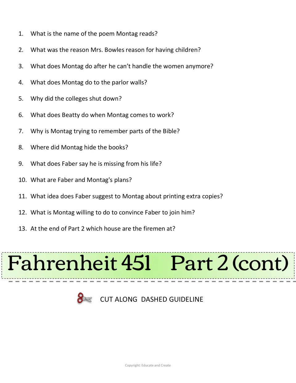 Part 2 continued questions: students answer 13 items on the poem, parlor walls, hidden books and Faber's plans with Montag