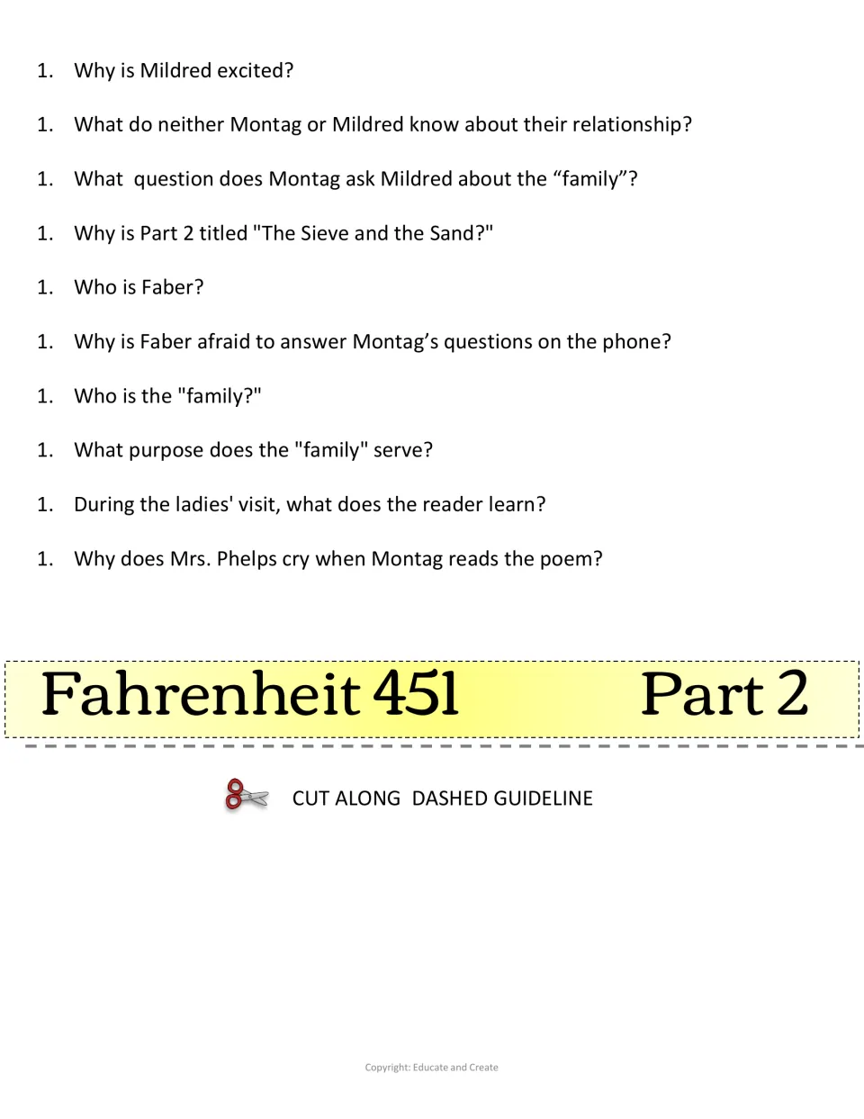 Part 2 reading questions: students answer 10 items on Mildred, Faber, the "family" and "The Sieve and the Sand"