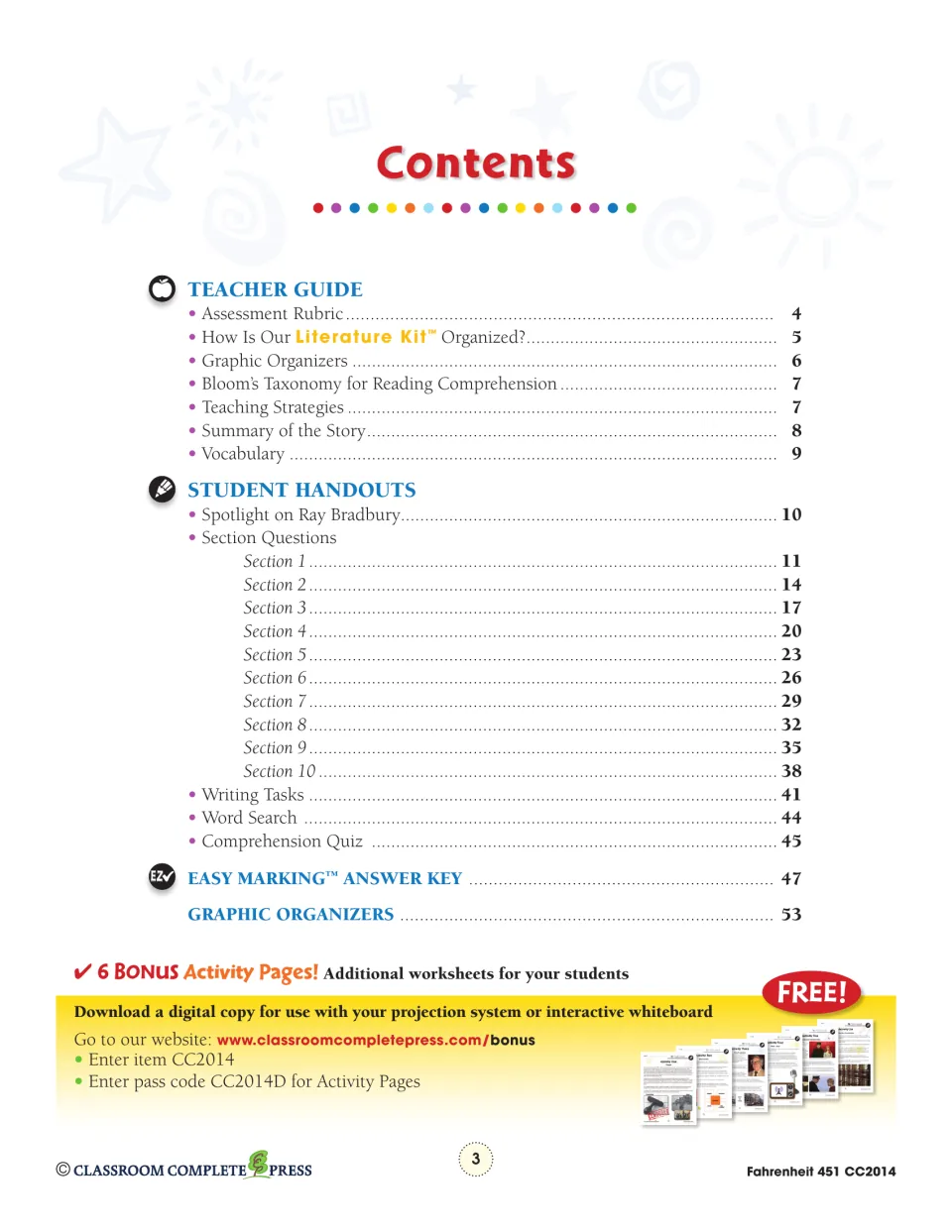 Contents lists the teacher guide, 10 question sections, writing tasks, quiz, answer key, and organizers