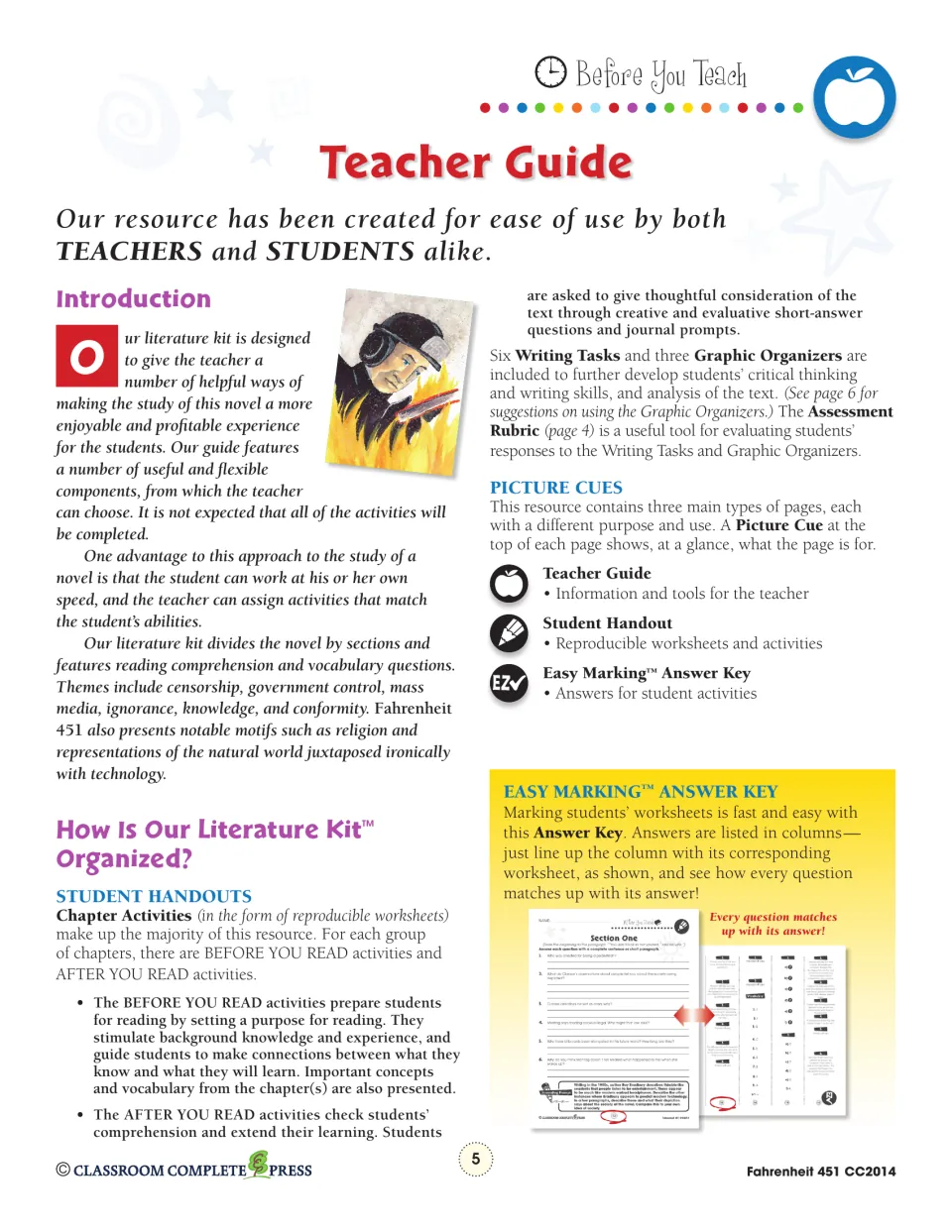 Teacher guide explains before- and after-reading activities, six writing tasks, and three organizers