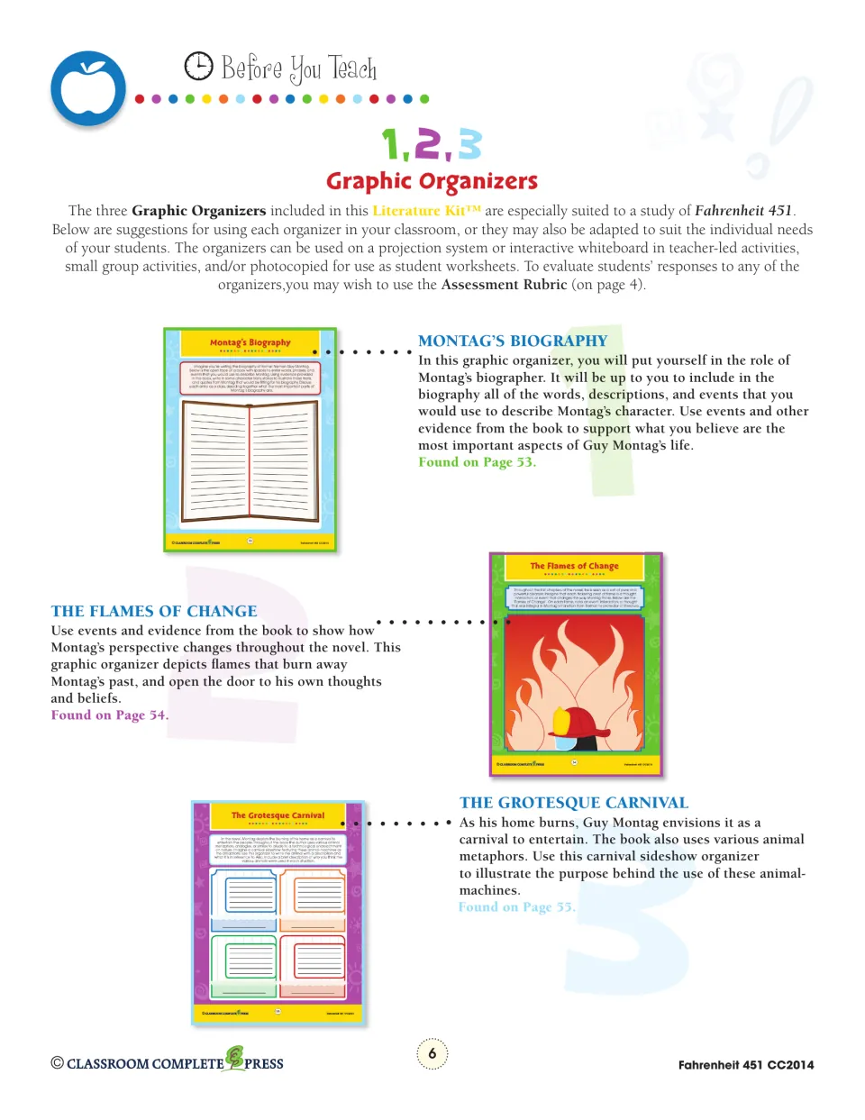Teacher guide introduces Montag's Biography, The Flames of Change, and The Grotesque Carnival organizers
