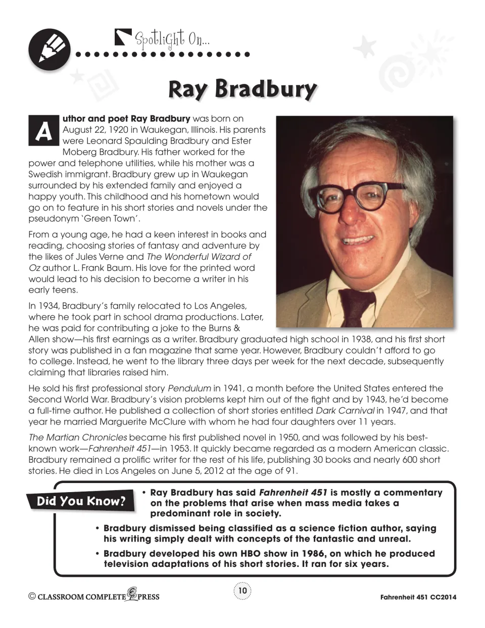 Ray Bradbury author handout traces his childhood, reading interests, writing career, and major publications