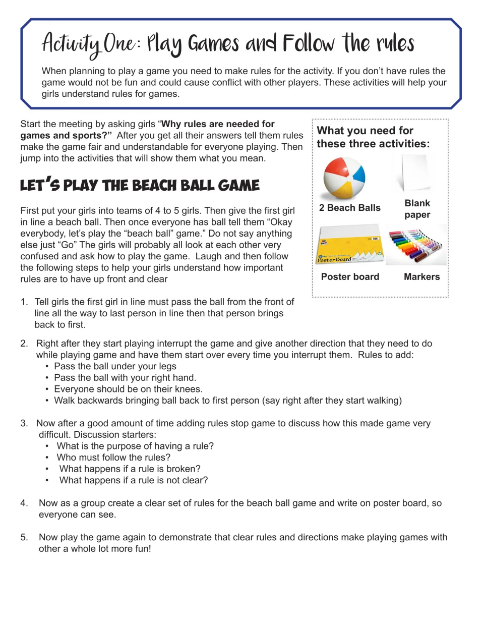 Following game rules: girls play a beach ball relay as the leader keeps adding rules, then write clear rules on poster board