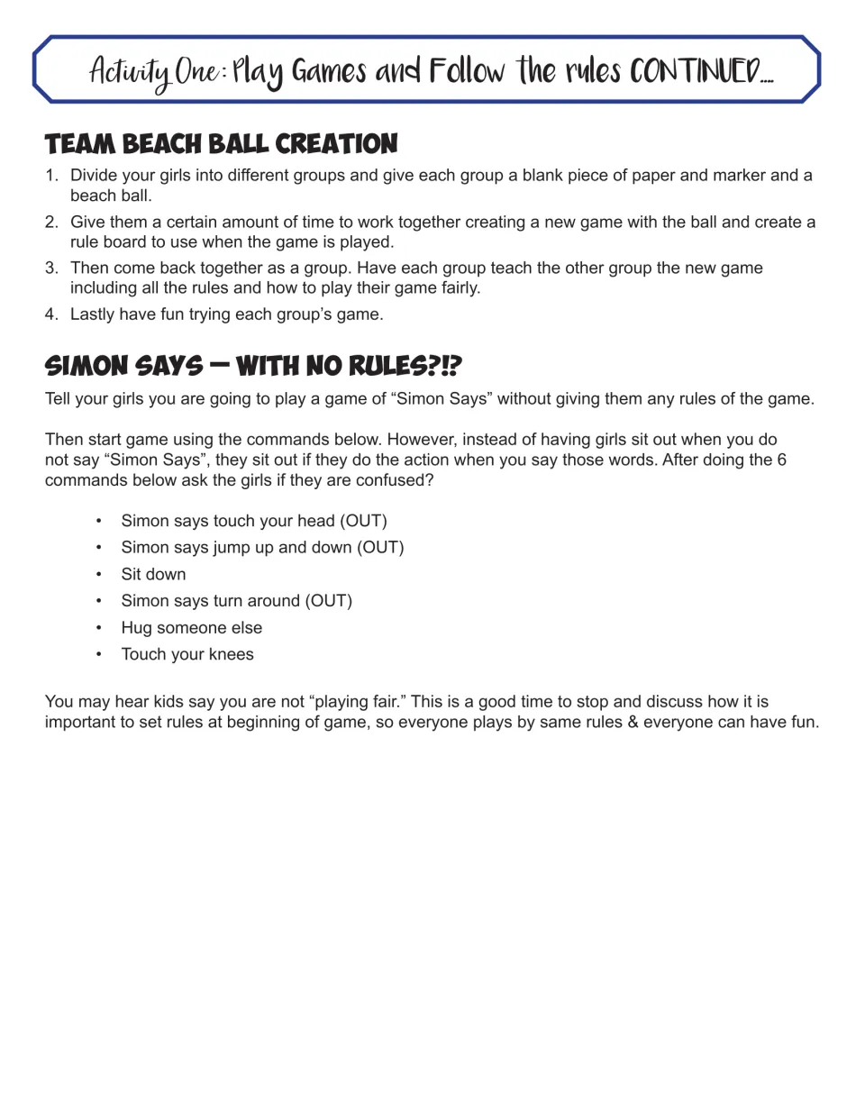 Rules and fairness: groups invent a beach ball game with a rule board, then play Simon Says with confusing reversed rules