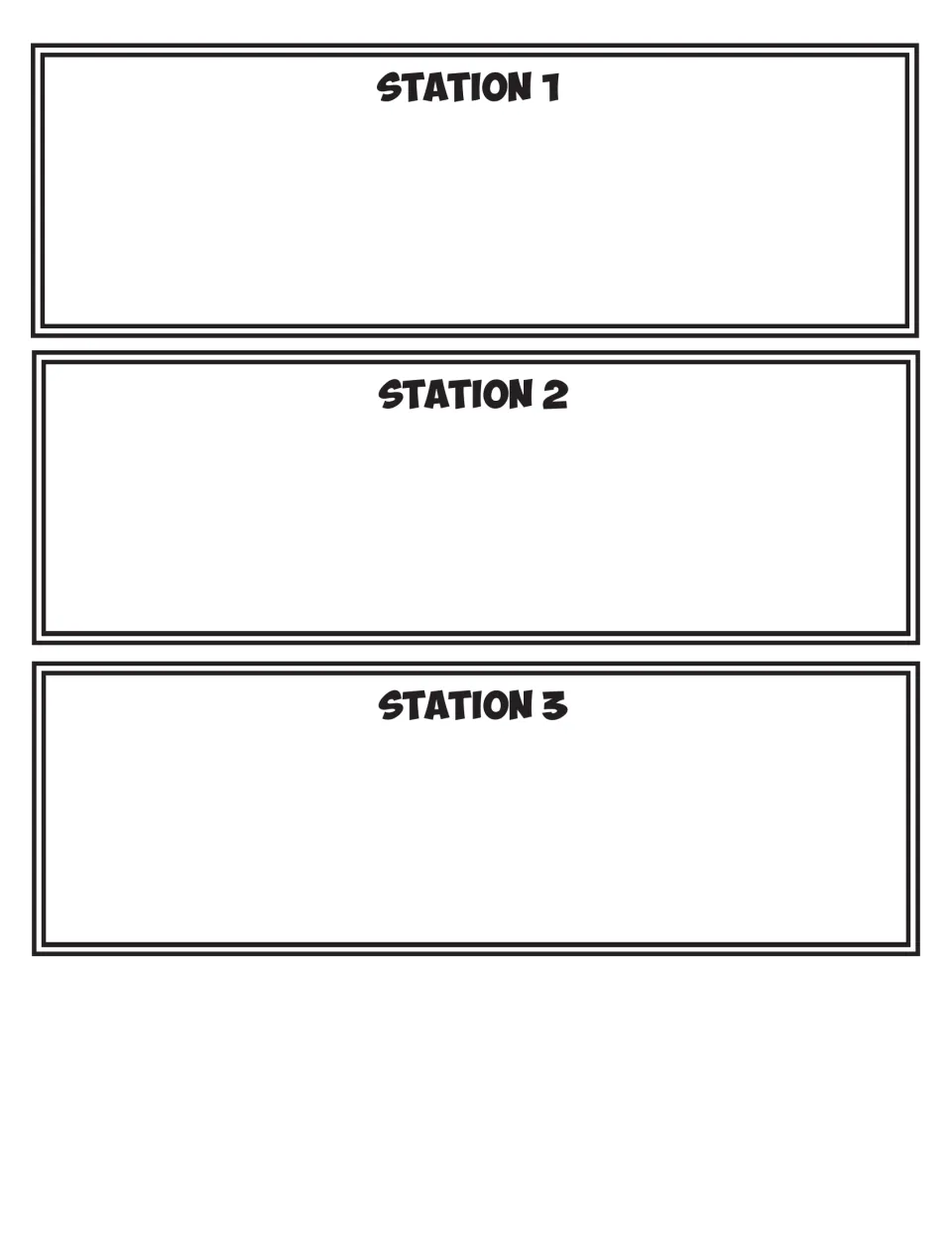 Station 1, 2 and 3 cards left blank so the troop can write in its own fitness challenges for self-scoring
