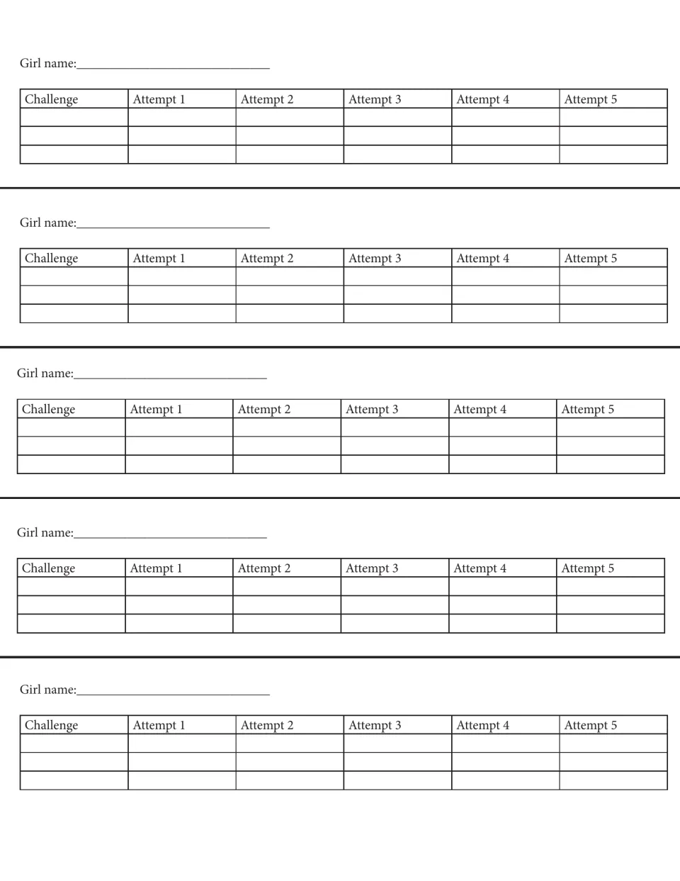 Personal score sheets: each girl records three challenges across Attempt 1 to Attempt 5 to track her own best score
