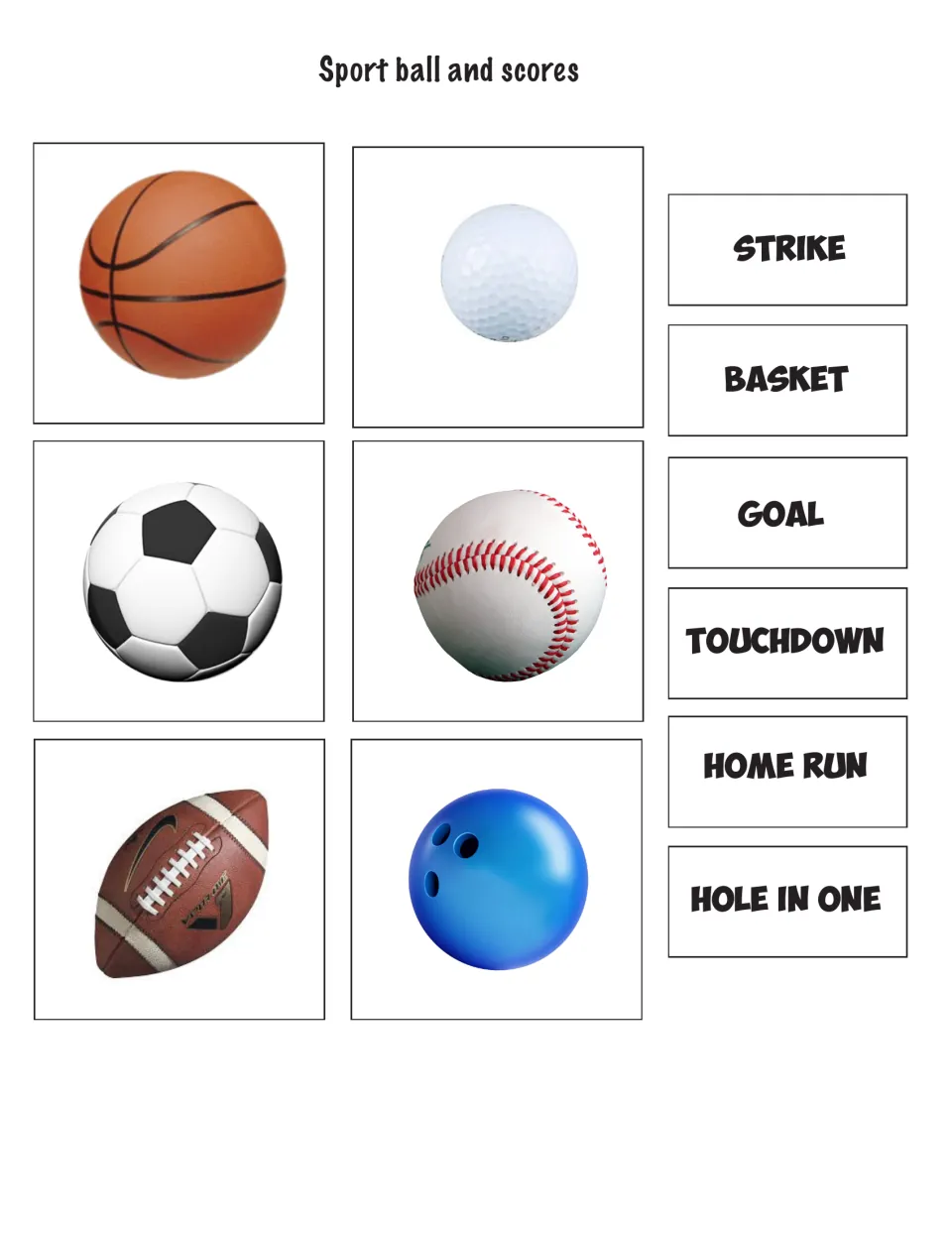 Sport ball and scores cut-outs: match basketball, golf, soccer, baseball, football and bowling balls to scoring words