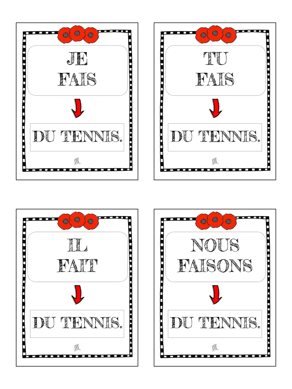 French faire cards 1–4: je fais, tu fais, il fait and nous faisons, each followed by du tennis (tennis).