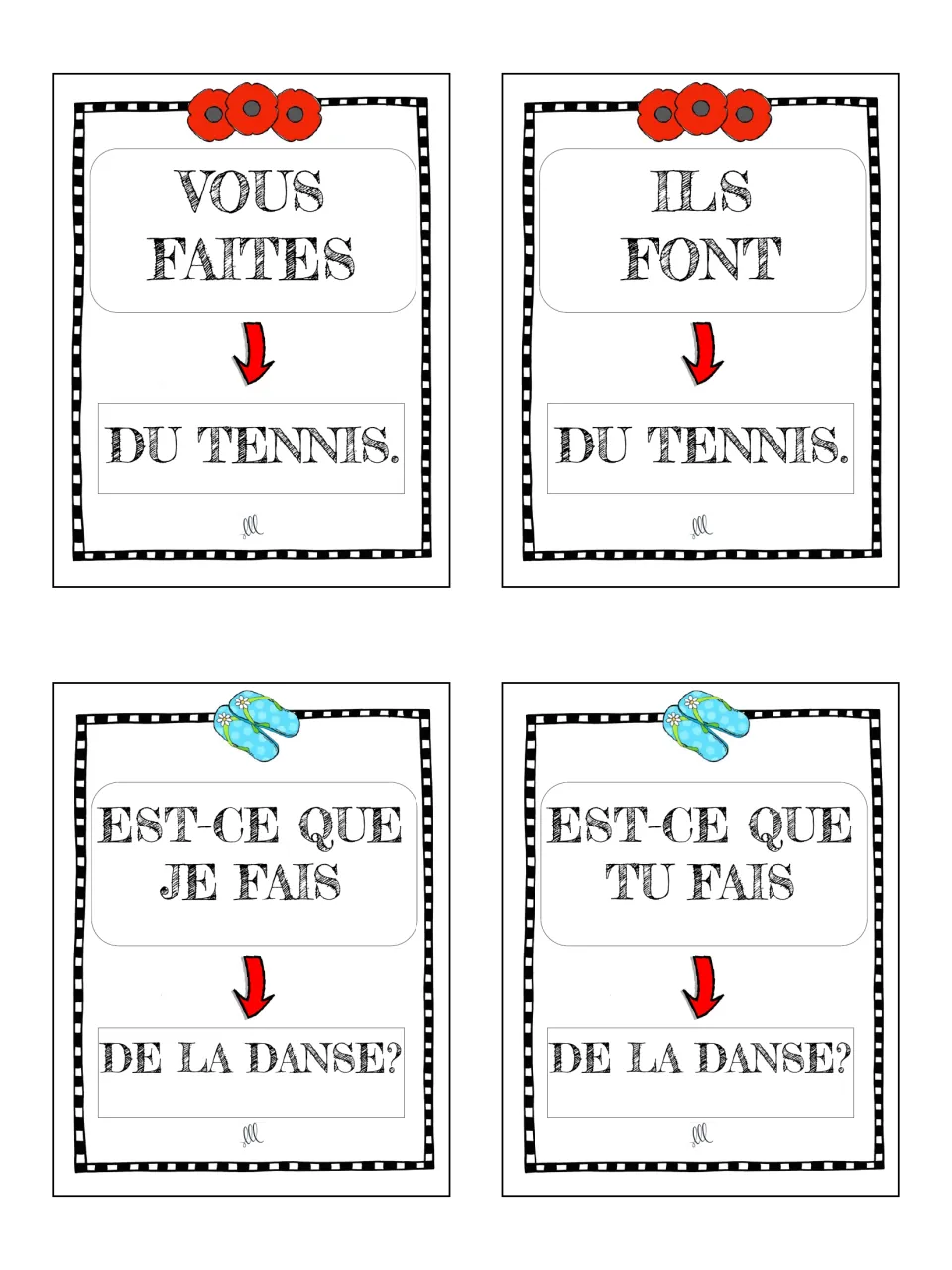 French faire cards 5–8: vous and ils tennis statements, then je and tu questions about la danse (dance).